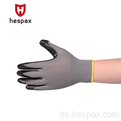 Hespax Anti -Öl -Polyester glatte Nitrilschichthandschuhe